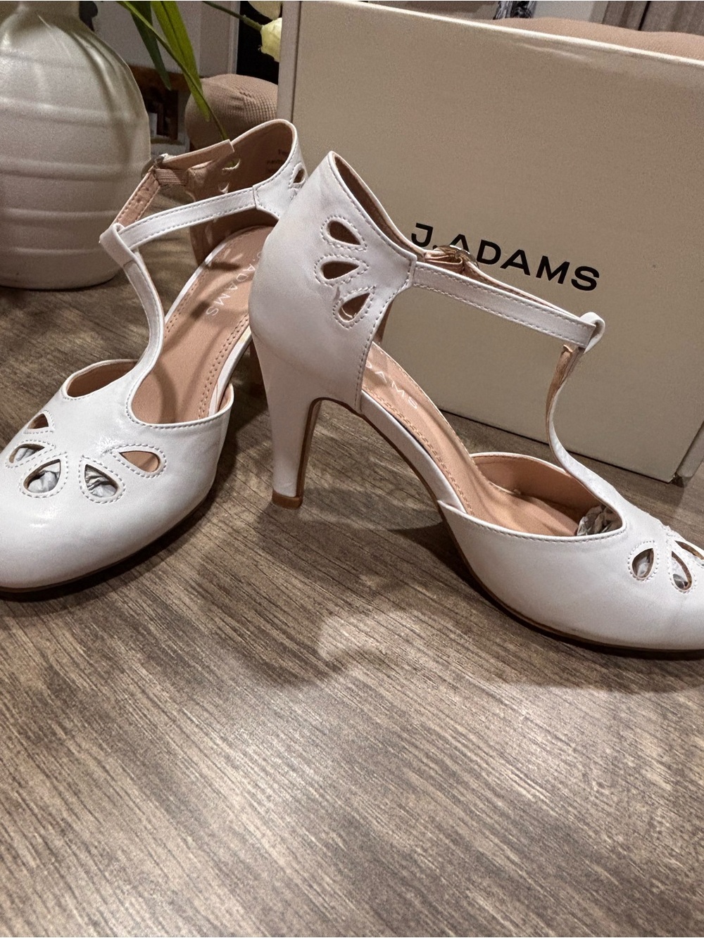 Adams White T-Strap Cutout Mid-Heel Sandals